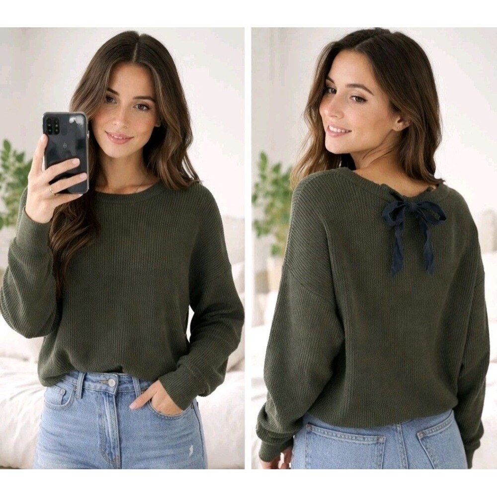 ZARA Knit Women’s Sweater Size S Olive Green Tie Back Detail Crew Neck Long...